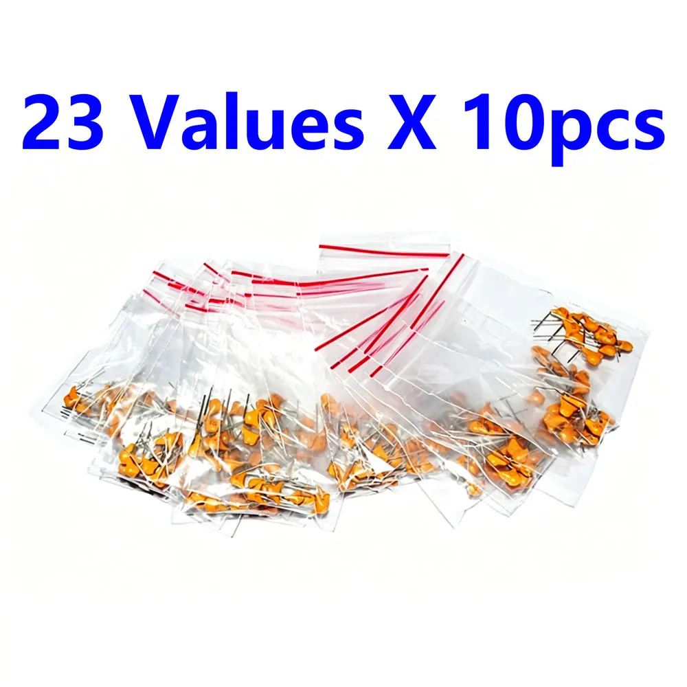 230 piezas, 23 valores, cada uno con 10 condensadores monolíticos, paquete con un espaciado de pines de 5,08 mm y un valor de capacitancia de 10PF-10UF