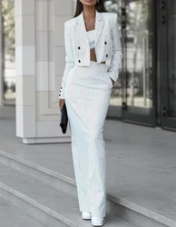 Two Piece Set Women Outfit 2023 Spring Elegant Striped Notched Collar Long Sleeve Blazer Coat & Slit Pocket Maxi Work Skirt Set