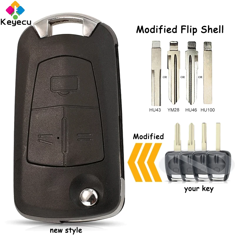 

KEYECU Modified Flip Remote Car Key Shell With 3 Buttons HU43 HU46 HU100 YM28 Blade Fob for Opel Corsa Agila Meriva Astra Kadett