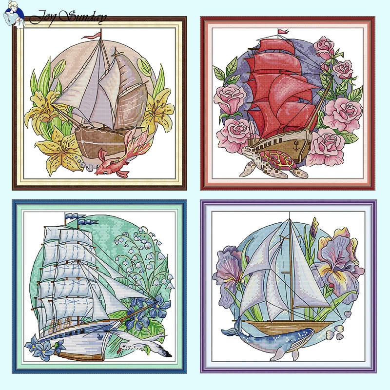 Flower Tour Floral Sailboat Pattern Cross Stitch Kits Aida14ct 16ct 11ct Count Printed DMC Thread Embroidery Set DIY Home Decor