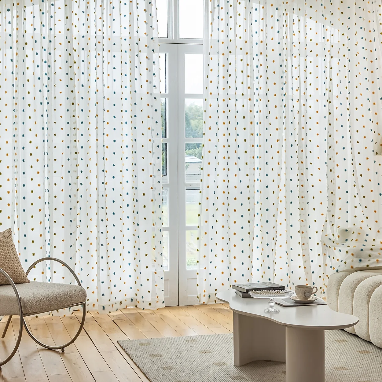 1-panel modern stylish colored tufted semi-transparent curtain, rod pocket hanging, suitable for living room, bedroom, balcony,