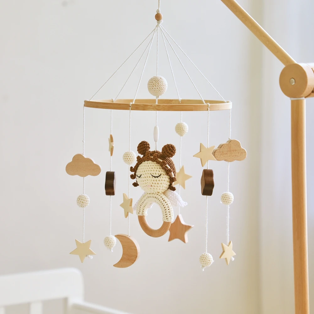 Wooden Crib Mobile Baby Bed Bell Rattle Toy Crochet Angel Soft Mobile Hanging Newborn Music Box Bed Bell Hanging Bracket Toys