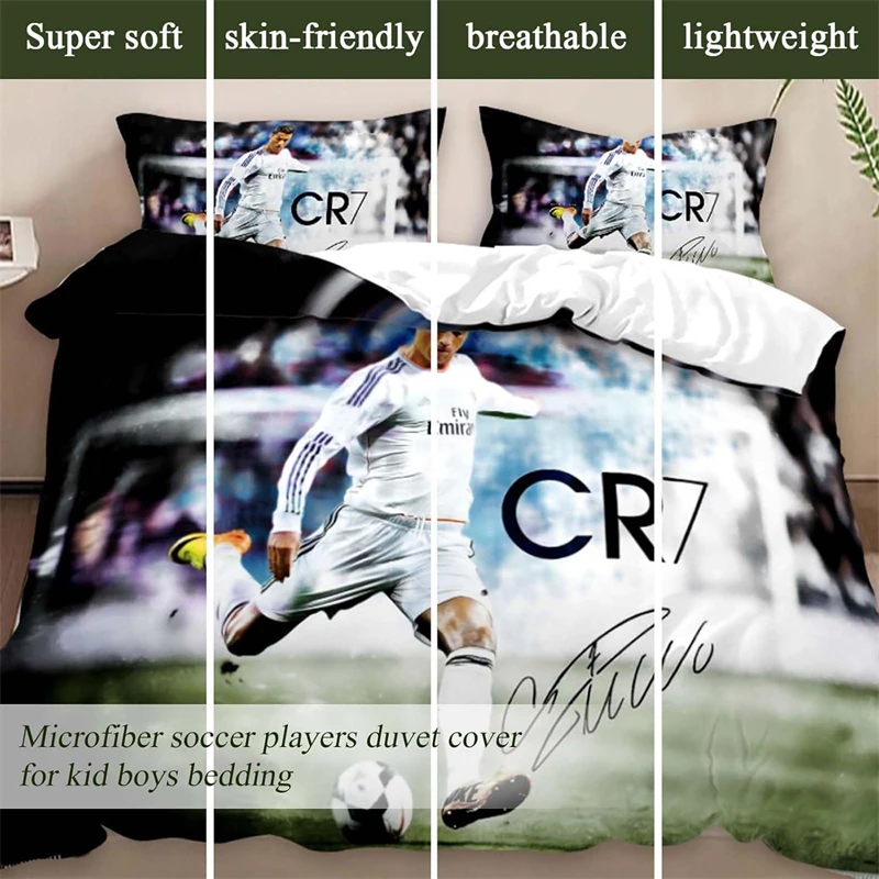 Duvet Cover Football Players C-R-7 Single Double Microfiber Bedding Set Lightweight Soft Zipper Breathable Closure Boys Teens