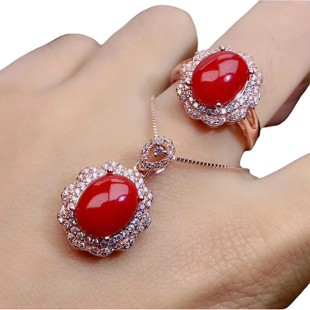 

KJJEAXCMY-925 Sterling Silver Inlaid Natural Red Coral Female Set, Elegant Support Detection, Fine Jewelry
