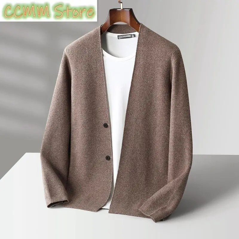 Autumn Winter Men\'s Cashmere V-neck Cardigan Sweaters 100% Merino Wool Knitwear Coat Basic Smart Casual Jacket Korean Clothing