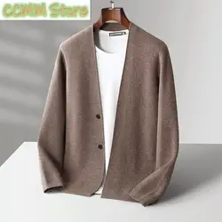 Otoño Invierno cárdigan de Cachemira con cuello en V para hombre suéteres 100% abrigo de punto de lana merina chaqueta Casual inteligente básica ropa coreana