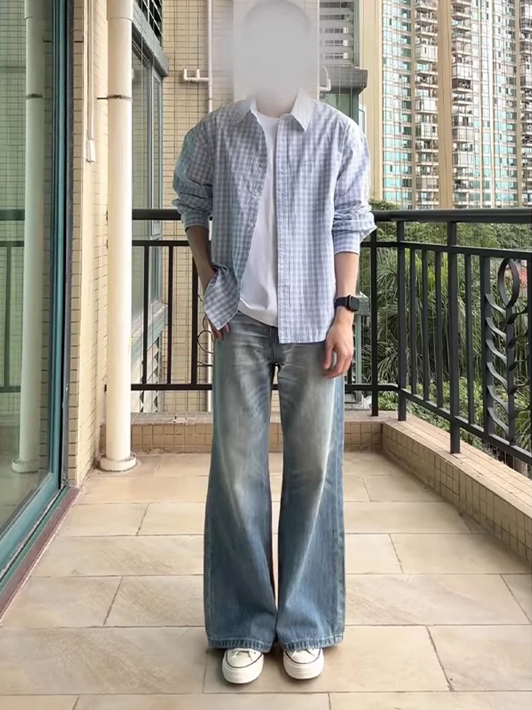 Cleanfit Blue Whisker Pattern Men's Jeans American Washed Drape Leg Lengthening Straight Leg Pants Youth Fashion