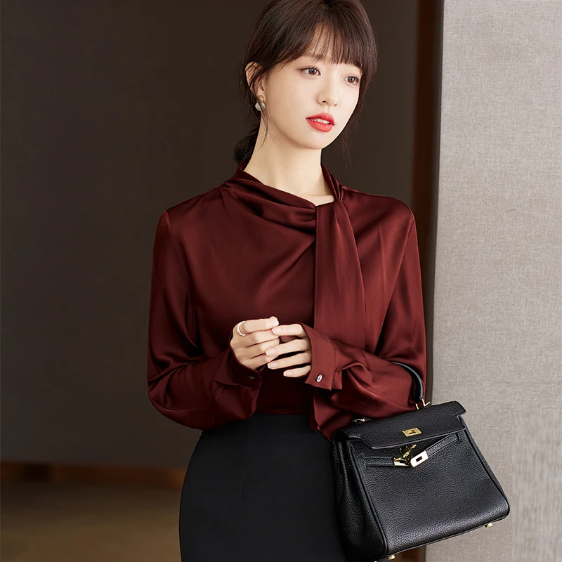 Elegant Ribbon Pile Collar Long Sleeve Wine Red Blouse Women Tops Spring Autumn Office Lady Loose Bussiness Casual Shirt D2184