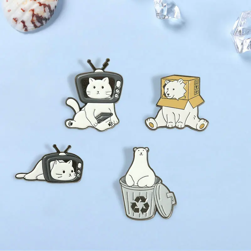 Cat Bear Head In TV Box Enamel Pins Custom Funny Animals Brooch Lapel Badge Bag Cartoon Jewelry Gift for Kid Friend