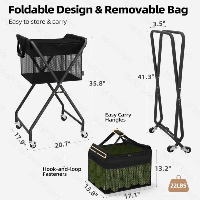 Foldable Metal Pickleball Ball Cart Black Portable Tennis Ball Collector Storage Trolley