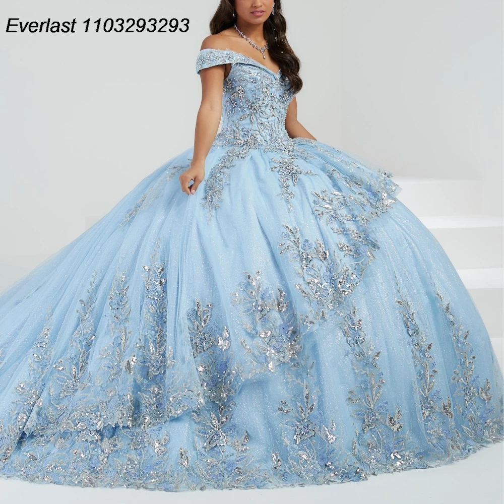 EVLAST Customized Sky Blue Quinceanera Dress Ball Gown Lace Applique Beading Mexico Corset Sweet 16 Vestido De 15 Anos E1Q40