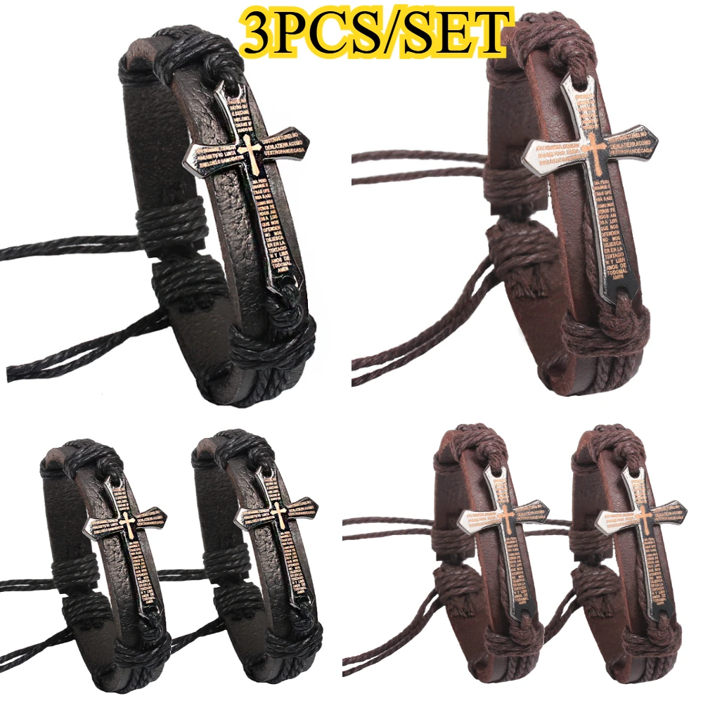 3PCS/SET Vintage Punk Adjustable Cross Jesus Bracelets Men Women Simple Bracelet Adjustable Wax Cord Brown Black Fashion Jewelry