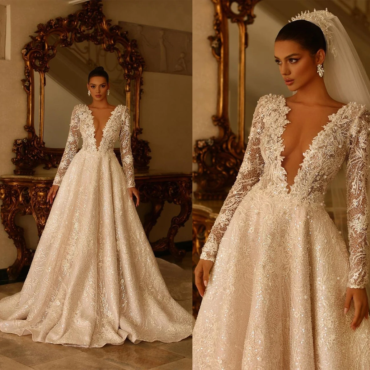 

Elegant Ball Gown Wedding Dresses Long Sleeves Deep V Neck Sequins Appliques Ruffles Pearls Beads Bridal Gowns Vestina De Novia