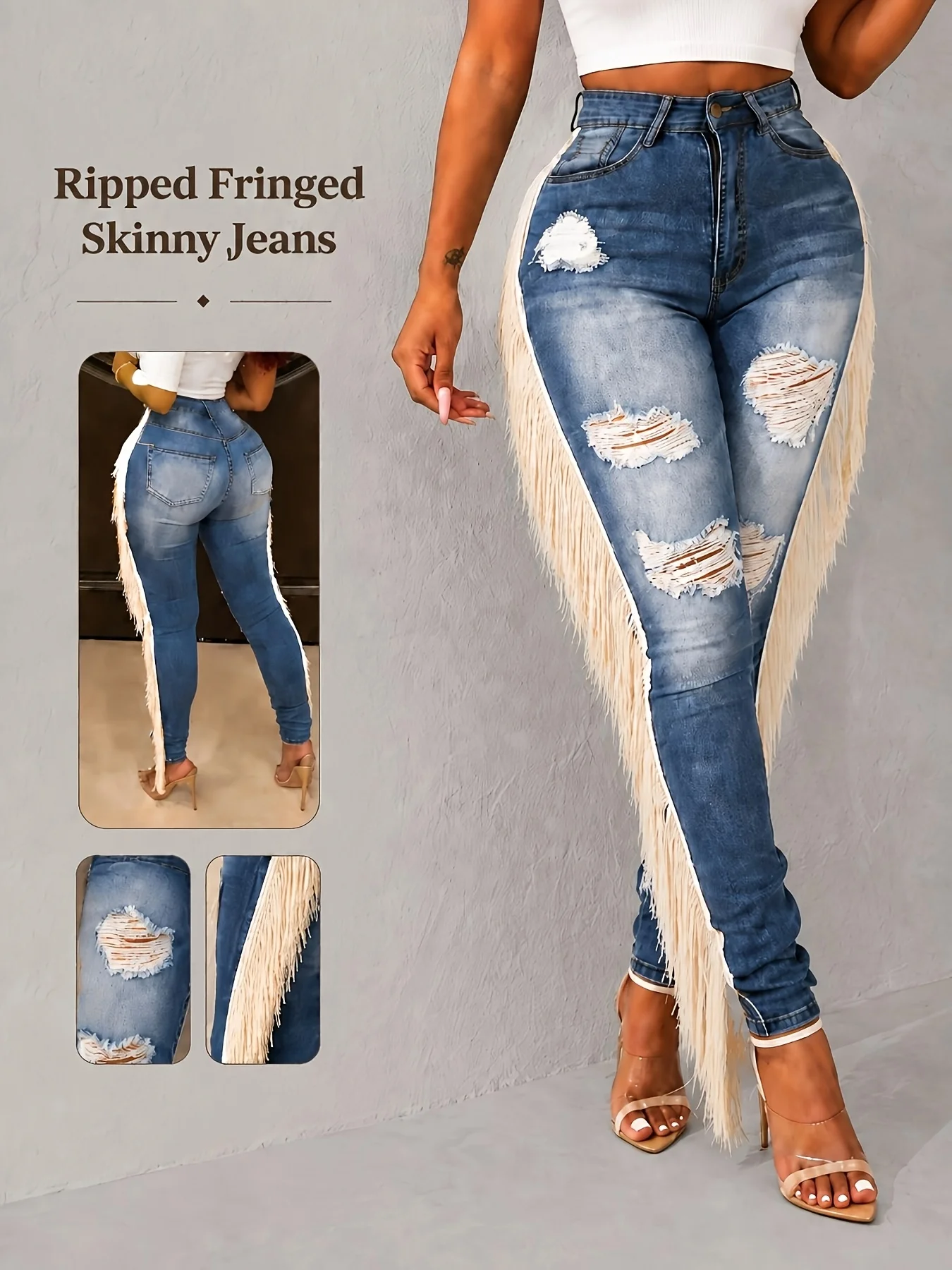 Women's Sexy Ripped Slim-Fit Jeans, High-Waisted Denim Pants with White Ruffles and Fringe on the Sides, Suitable for Daily Wear and Parties, Club Outfits, New Autumn and Winter Style Jeans for Women
