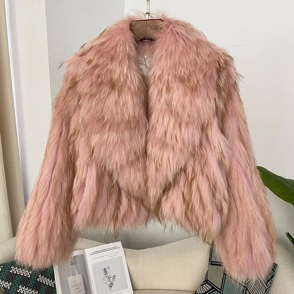 Real Natural Raccoon Fur Jacket New Fluffy Luxury Fur Knitted Coat Women Winter Overcoat Natural Fur Collar Outerwear Short