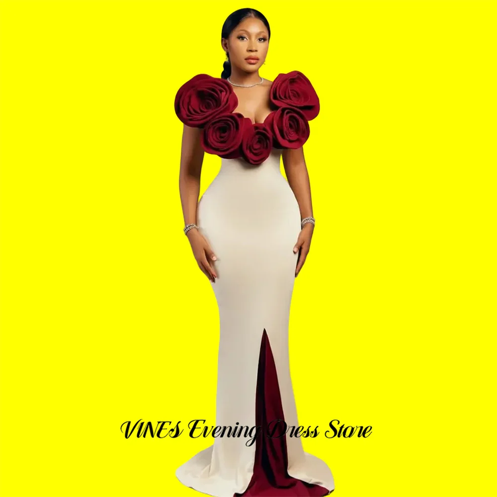 

VINES Cream Mermaid Evening Dress with 3D Burgundy Rose Formal Gown Floor Length Night Dresses Satin Prom Dresses Customized