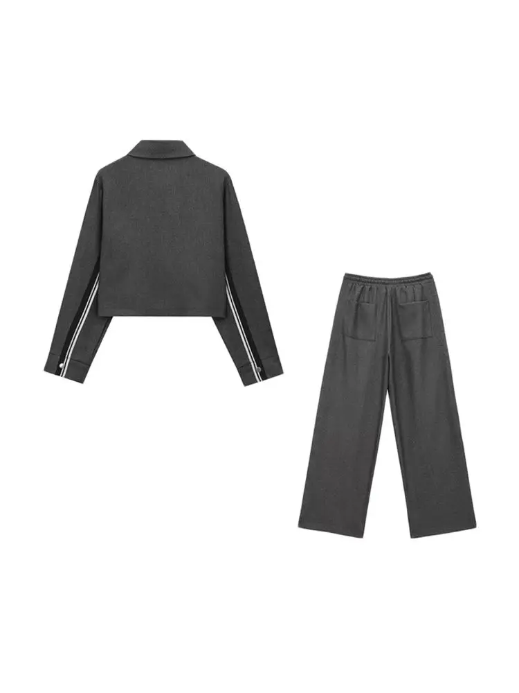 GELITAYIN Women Fashion With Side Striped Cropped Jacket Coat And High Elastic Waist Drawstrings Wide Leg Pants Female Two Piece