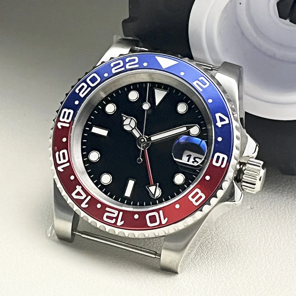 ساعة ميكانيكية للرجال 40 ملم، إطار أحادي الاتجاه NH34 GMT، عقارب حمراء، تاريخ، كريستال ياقوتي، علبة ستانلس ستيل