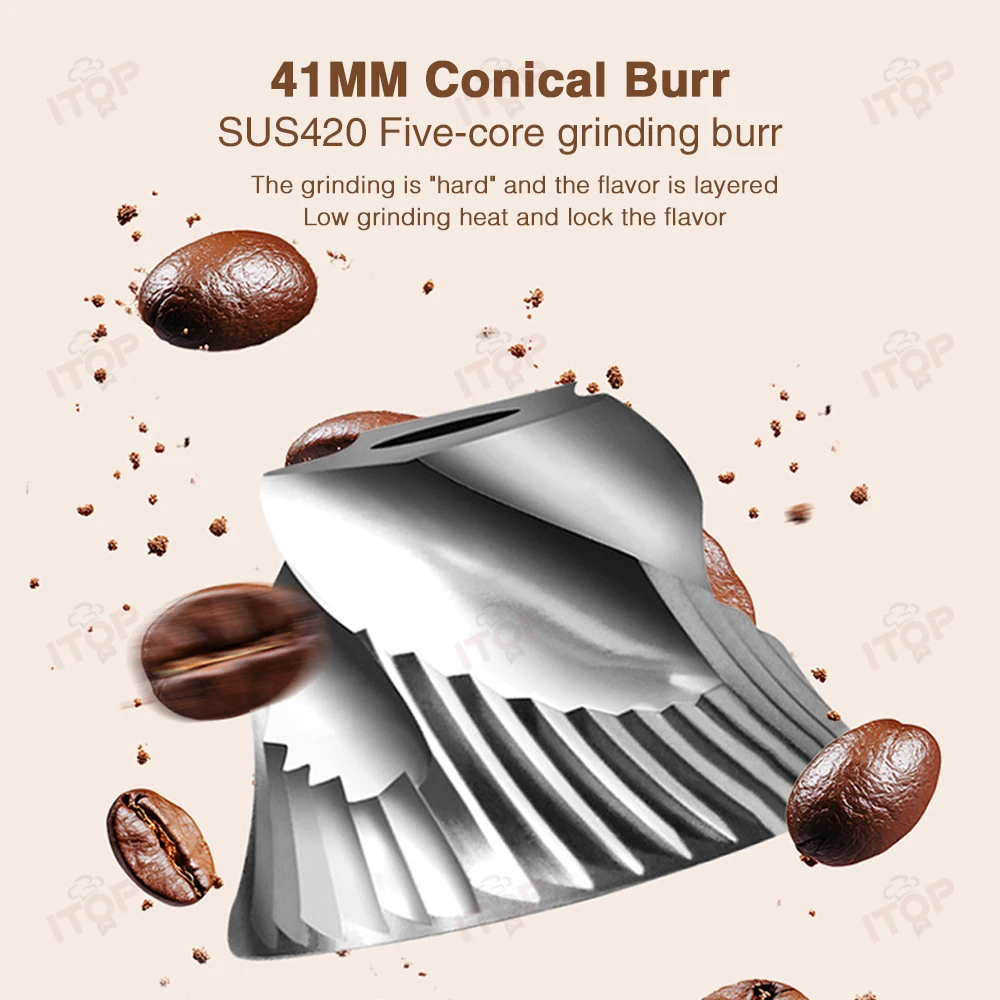 ITOP LDCG200 مطحنة القهوة المحمولة 2600 مللي أمبير شحن لاسلكي طحن 41 مللي متر 5 الأساسية لدغ 200 دورة في الدقيقة إعداد وقت الطحن 5-98 ثانية