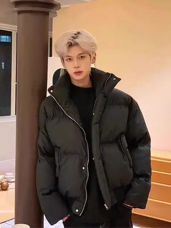 

Retro American Cleanfit ort Puffer Jaet Men's Autumn Winter Thiened Stand Collar Outerwear Bread Sle Youth Trend