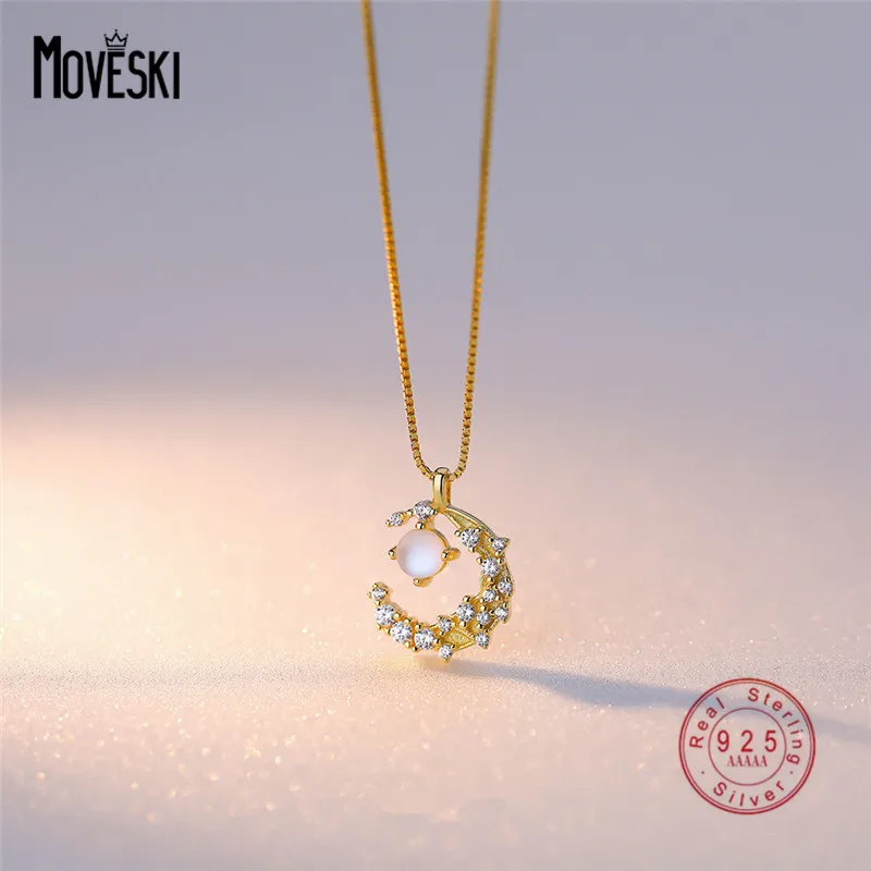 

MOVESKI 925 Sterling Silver Korean Retro Stars Moon Zircon Pendant Necklace Women Temperament Jewelry