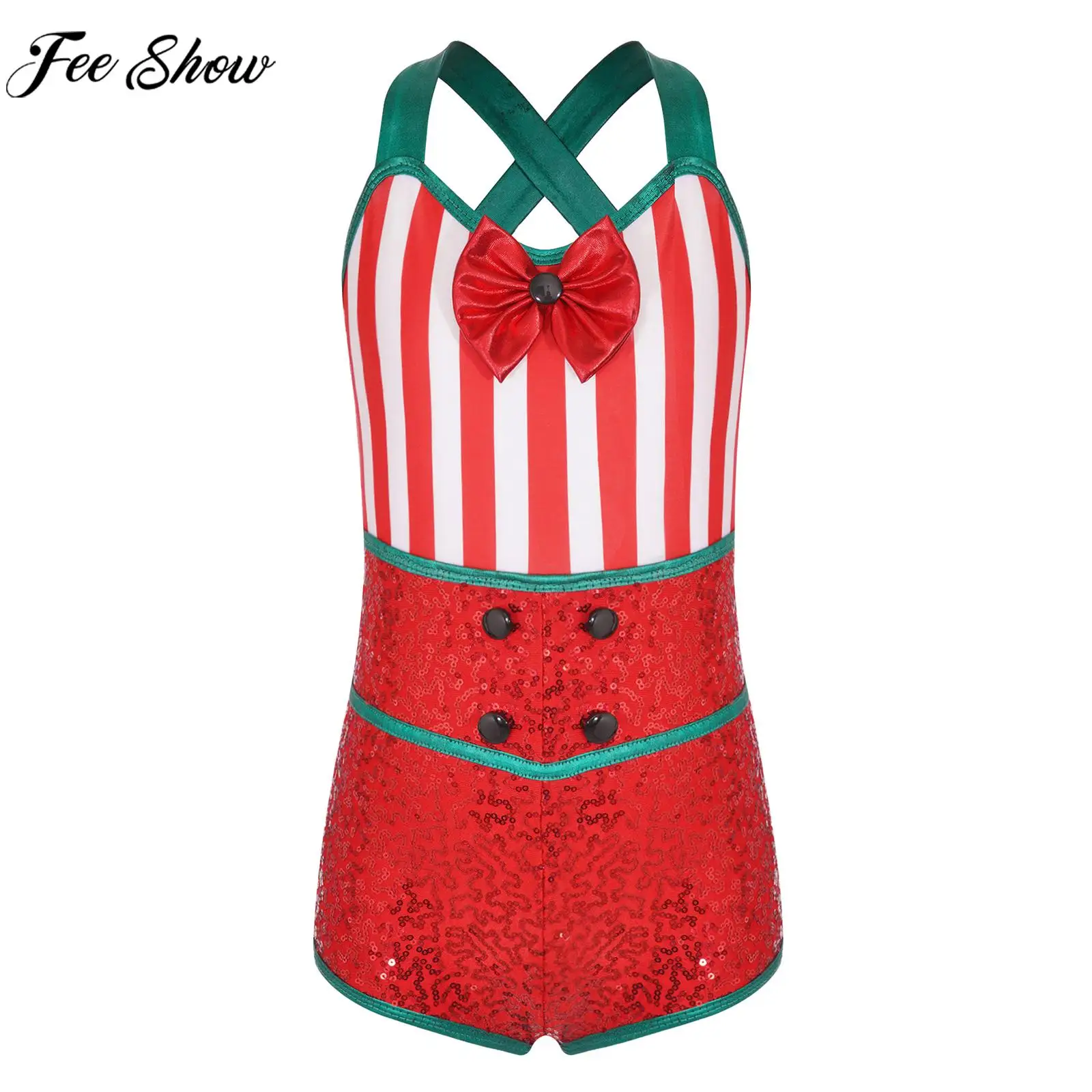 Teen Girls Christmas Performance Bodysuit Sleeveless Striped Shiny Sequins Ballet Dance Unitard Xmas Theme Party Cosplay Costume