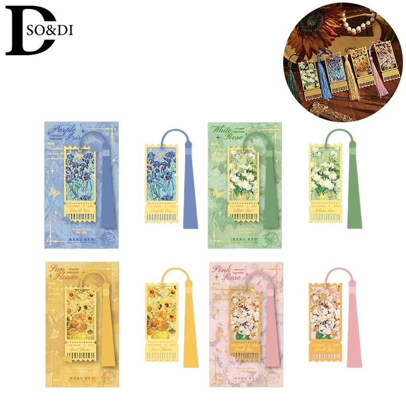 4Pcs/lot Metal Bookmarks Oil Painting Flower Cutout Tassel Bookmark Reading Book Separator Books Point Teacher Accessories