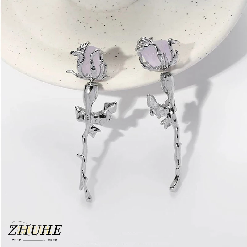 Jewelry Accessories Copper Material Transparent Purple Rose Earrings For Women Creative Thorn Branch Back Front Studs Niche Desi