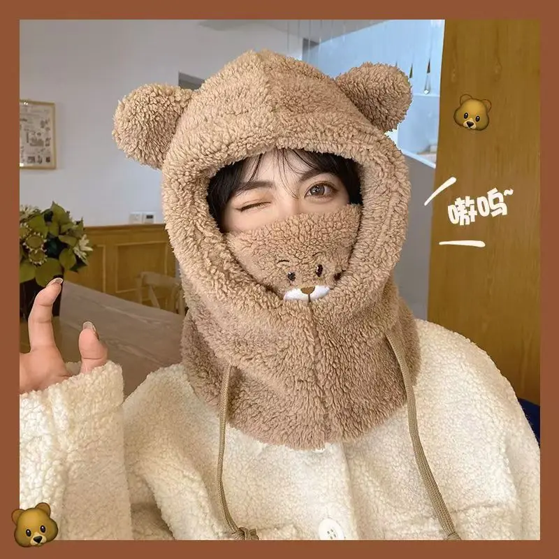 Cute Bear Mask One-Piece Hat Female Winter Cycling Thermal and Windproof Earflaps Cap Scarf Winter Plush Scarf