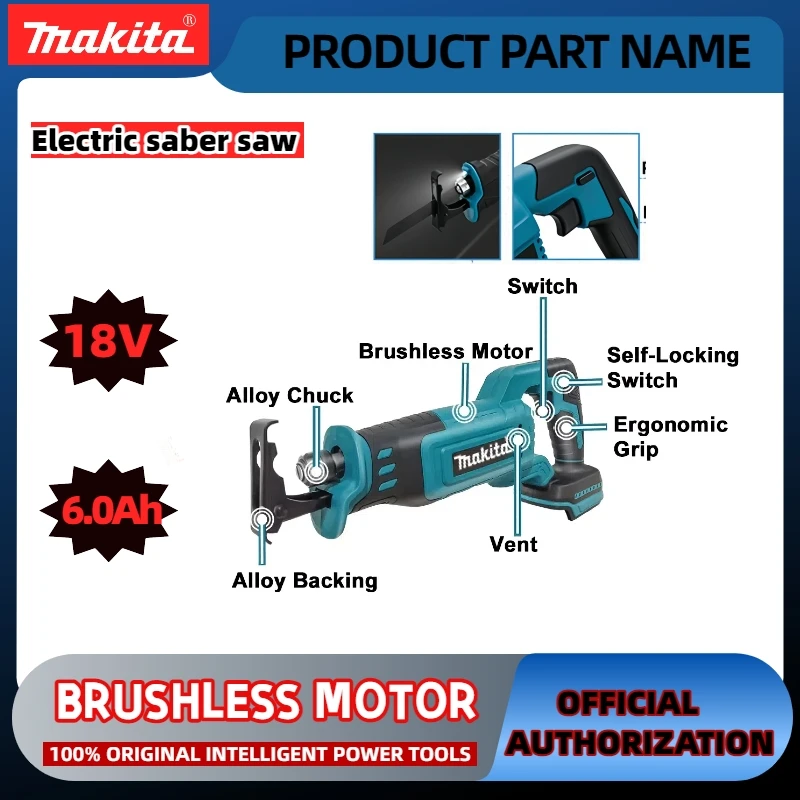 Makita-Sierra alternante sin escobillas, herramientas eléctricas inalámbricas portátiles con 4 hojas de sierra para batería de 20V18V