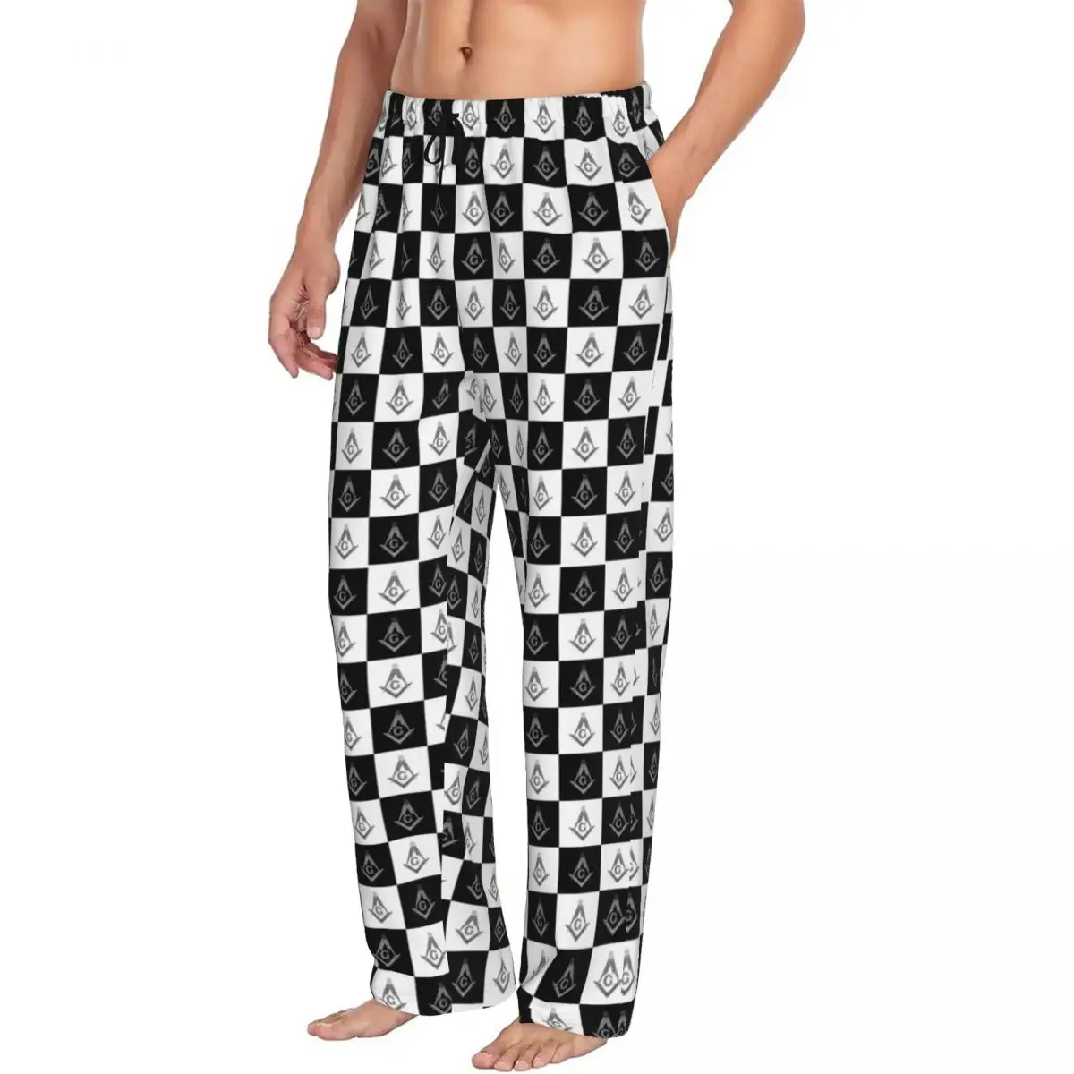 Custom F-Freemasons Checkered Pattern Pajama Pants for Men Mason Masonic Sleepwear Lounge Sleep Bottoms Stretch with Pockets