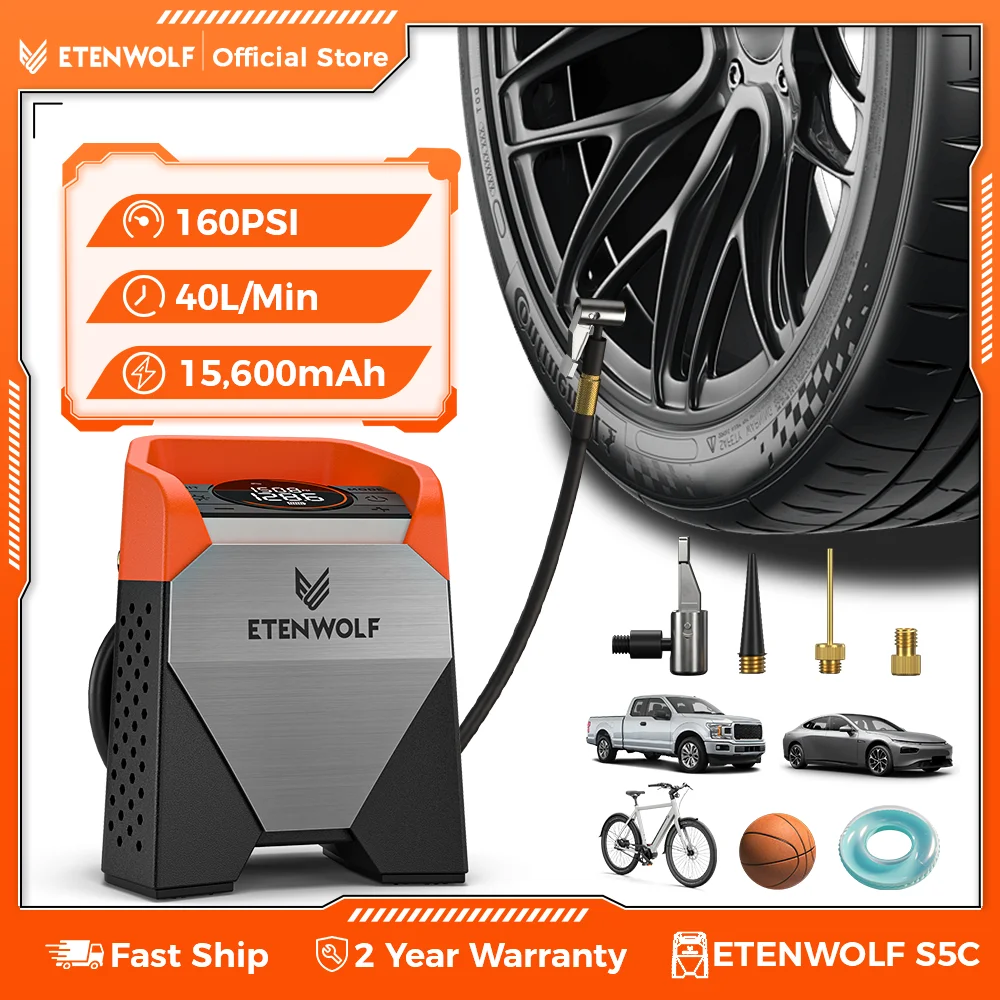 

ETENWOLF ZEPHYR S5C Portable Tire Inflator Heavy-Duty Car compressor 160PSI &15600mAh for Pickups Car Tires Motorcycles