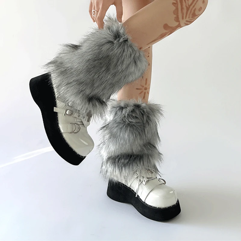 Calentadores de piernas de piel de lobo de imitación gris para niña, botas peludas JK cálidas de invierno, calcetines góticos Punk Jk hasta la rodilla, medias de hip hop, nuevo