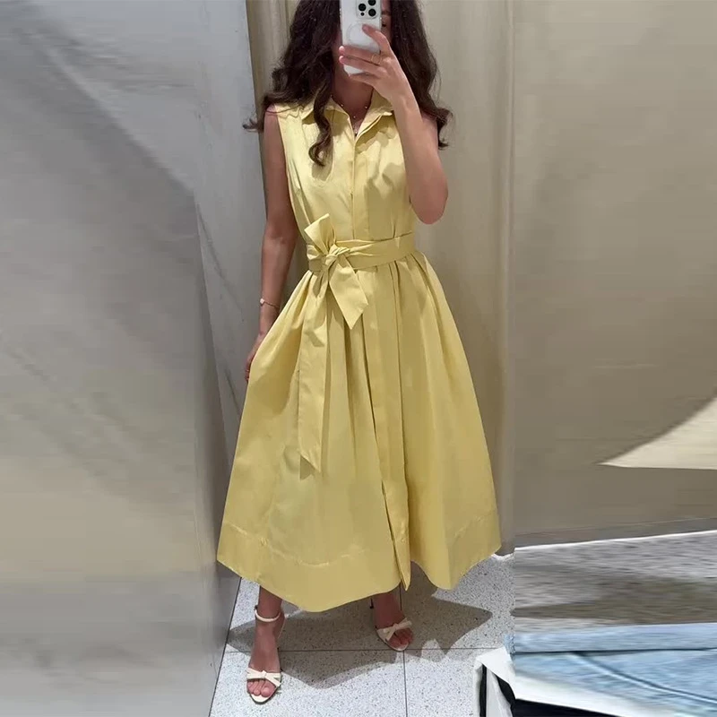 

Женское тонкое желтое повседневное летнее платье без рукавов с воротником-поло, модная уличная пляжная праздничная одежда, модная, стильная, удобная