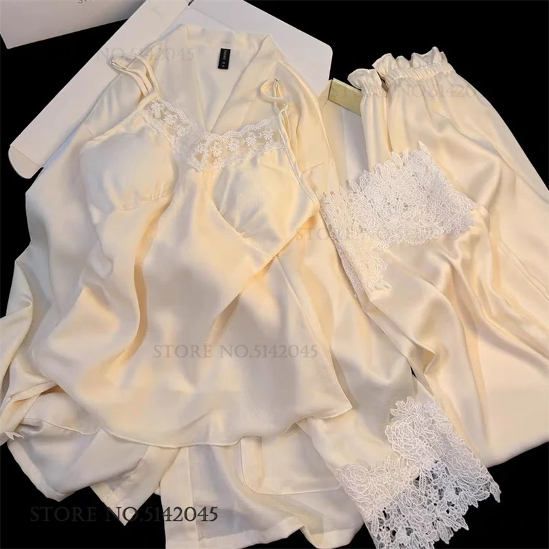 

Элегантный комплект из шелкового атласа: женский халат и пижама. Новинка весна-лето. Ночная одежда, домашняя одежда, сексуальное белье, пижамный костюм, свободный пижамный комплект.