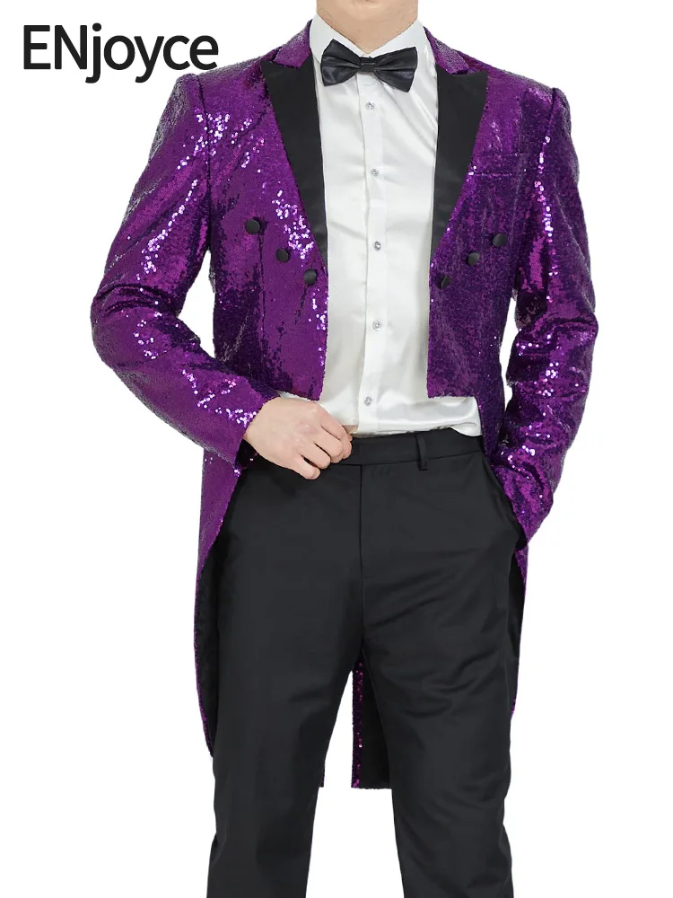 Men Sequin Tuxedo Suit Jacket Sparkly Tails Slim Fit Tailcoat Dress Coat Swallowtail Dinner Party Wedding Formal Blazer