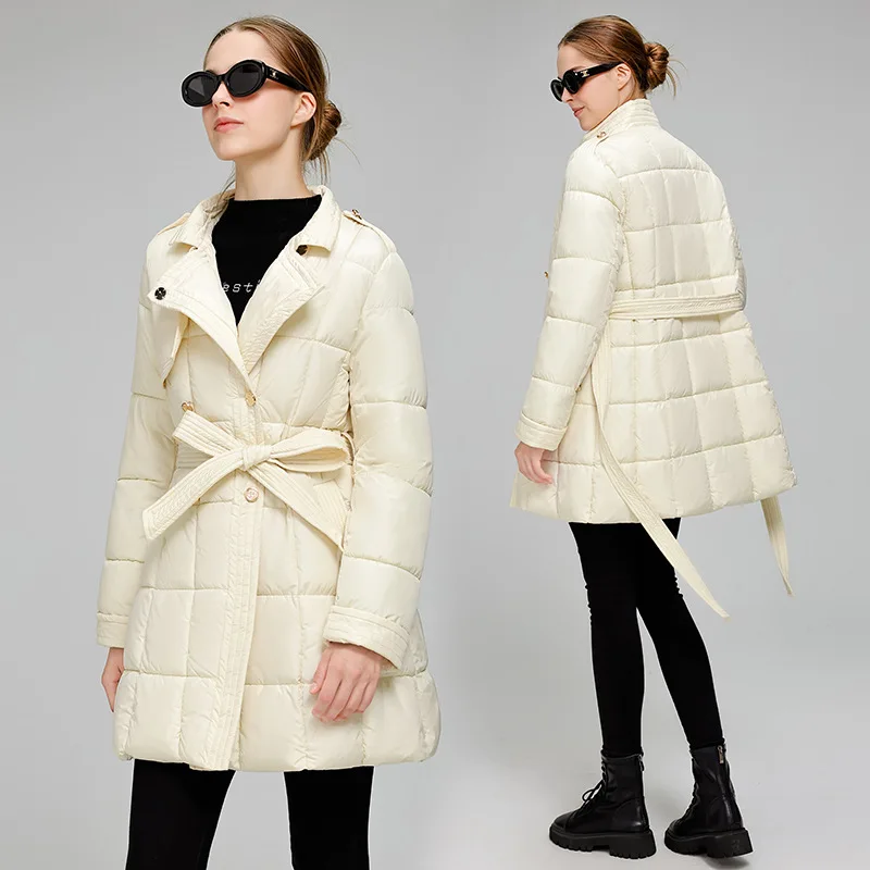 

2025 Winter New White Down Coats Women Thick Warm Solid Cotton Jacket Casual Hooded Long Outwear With Belt Black Clothes