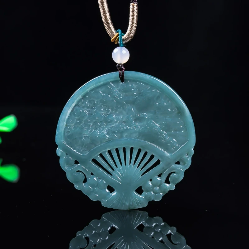 

Natural jade blue water jadeite A-grade hollow imitating antique fan for men and women couples accessories fashion gift