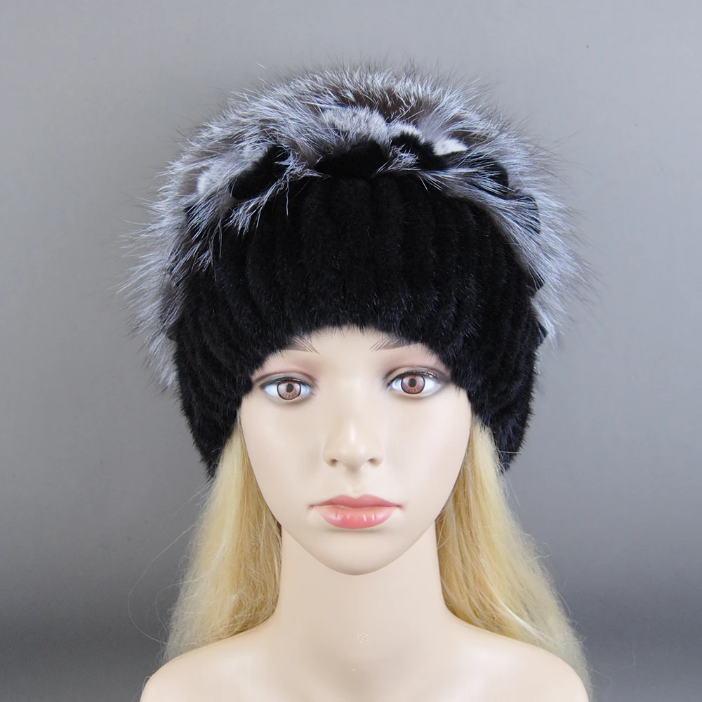 2024 Women Beanies Knitted Luxury Flower Real Mink Fur Beanies Hats Real Silver Fox Fur Hat Female Natural Mink Fur Winter Hats