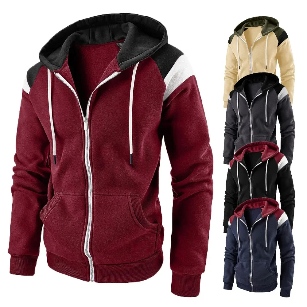 New Men's Colour Blocking Hoodies Fashion Hooded Sweatshirts for Men Casual Sports Tops Hoody Jacket Fleece Streetwear