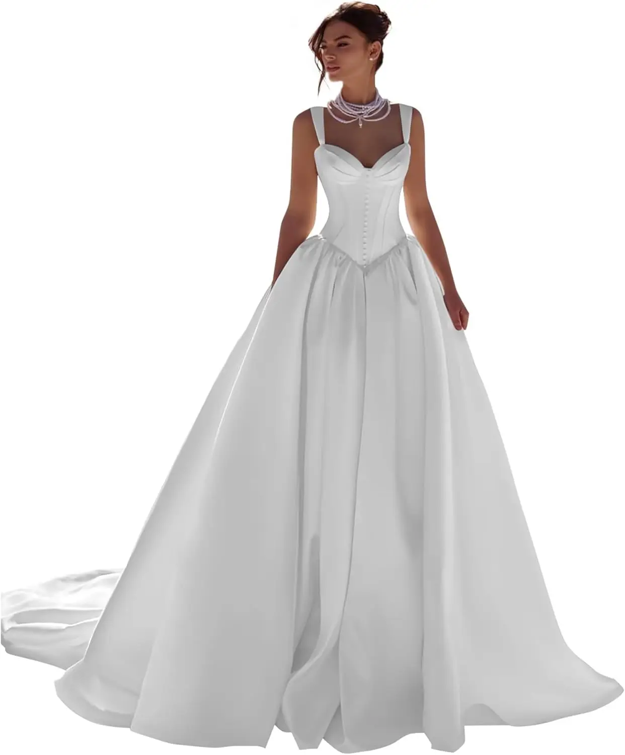 Bride 2025 Women's Spaghetti Strap Satin Wedding Dress A-Line V-Neck Bridal Gown with Train