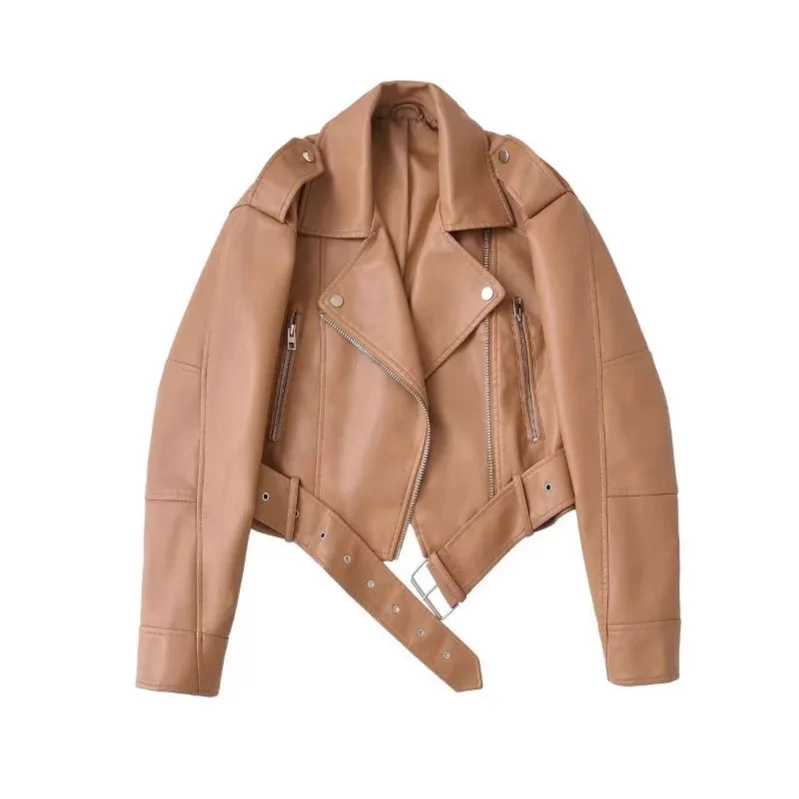 2025 New Women's Retro Loose Collar Short Zipper Belt Jacket Coat