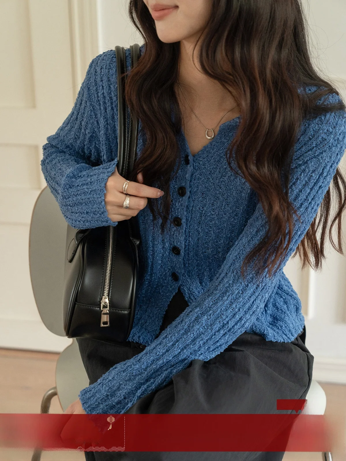 

MoZao Blue Long Sve Knitted Open Cardigan Sweater Women's Slim Fit Unique Personali Top Commute Sle V-ne Button Detail