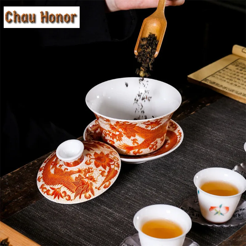 250ml Enamel Color Sancai Gaiwan Master Cups Retro Chinese Tea Set Teacup Lid And Saucer Set Teaware Chrysanthemum Tea Teaware - Image 5