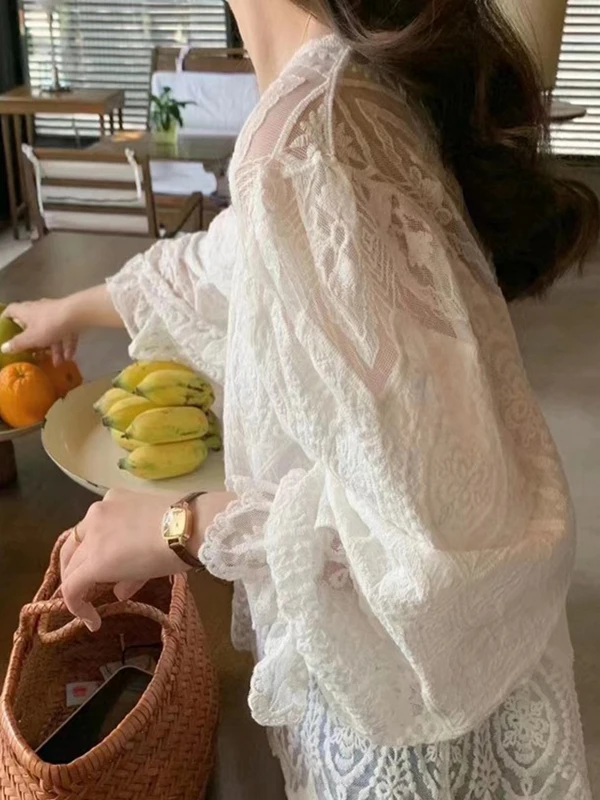 Elegancka długa bluzka z koronki dla kobiet, uniwersalna, przeciwstarzeniowa, markowa, luksusowa, nowość na jesień, do pracy.