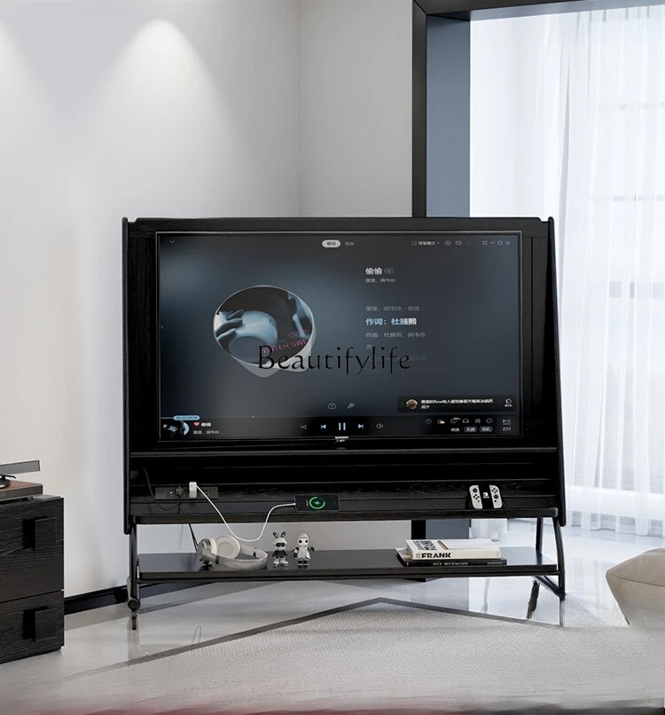 

TV mobile cabinet, solid wood black French modern simple storage TV bracket