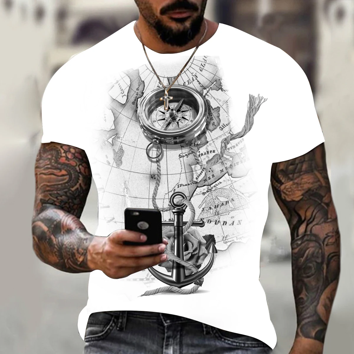 Compass for Men 3D Printed T - Shirt Casual Loose Hip - Hop Short Sleeves Street Fashion Trend White Summer Classic Shirt