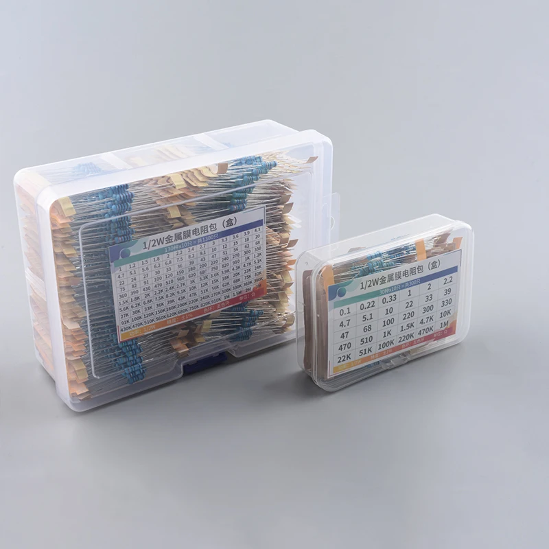1/2W ตัวต้านทานฟิล์มโลหะชุด 300 ชิ้น/แพ็ค 1300 ชิ้น 1 10 220 330 470 1K 4.7K 10K Ohm 1% ความต้านทานความแม่นยําสูงชุด Assortment