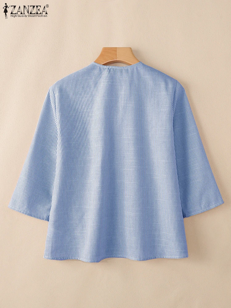 2025, Herbst, Büro, gestreifte Blusen, ZANZEA, stilvolle Damen-Oberteile, lässig, Sommer, V-Ausschnitt, 3/4-Ärmel, elegantes O-Ausschnitt, lose Hemden
