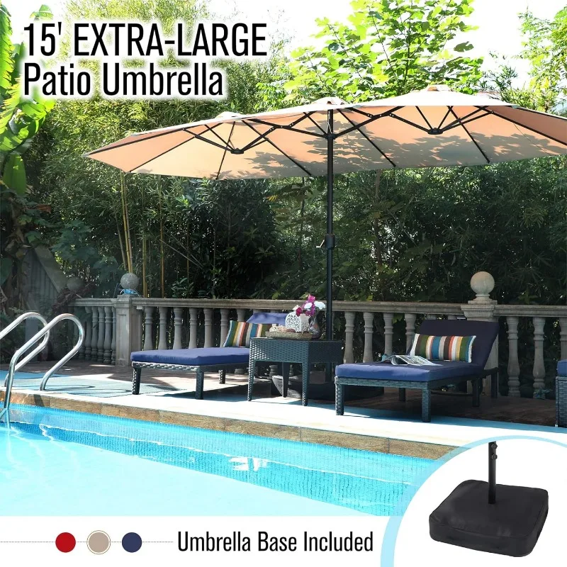 15ft Large Patio Umbrella with Base, Double-sided Outdoor Umbrella, Beige